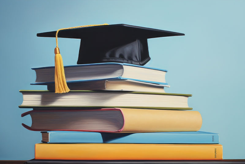 a stack of books with a cap on top meant to emphasize a degree from college and how books are just under the cap